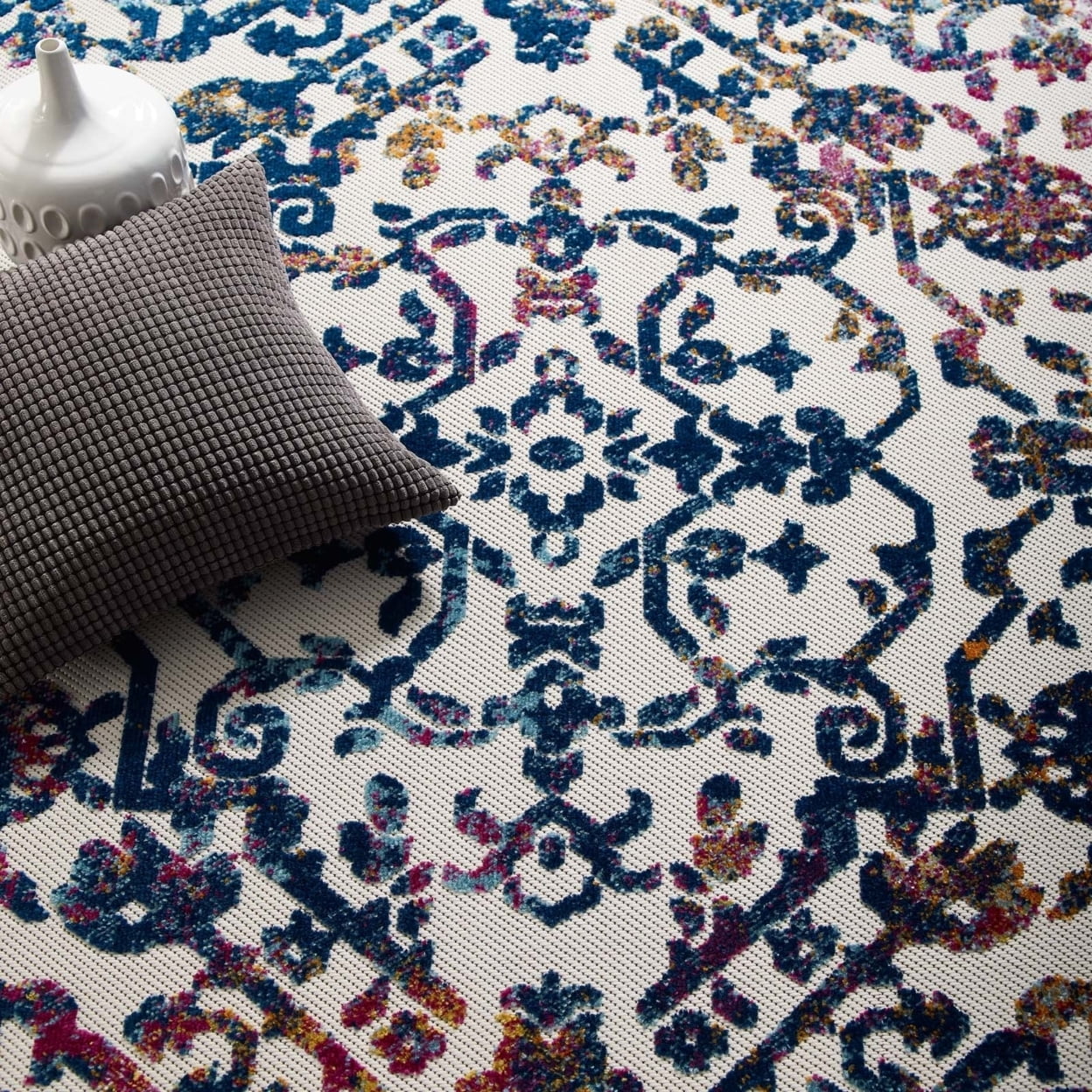 Modway Reflect 63x90.5" Primrose Ornate Floral Lattice Rug in Ivory/Dark Blue