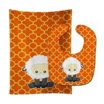 Sheep on Orange Quatrafoil Baby Bib and Burp Cloth