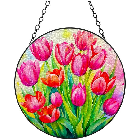 Tulips Flower Stained Glass Suncatcher Colored Handmade Window Hangings Glass Suncatcher Crafts Kits for Indoor Garden Christmas Decoration 16x16cm(1)