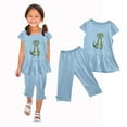 thumbnail image 4 of Odeerbi Kids Girls 2 Piece Outfits Ruffle Tops Capris Set Summer Clothes Floral Print Round Neck Short Sleeve Flying Sleeves Top Elastic Waist Cropped Pants Two-piece Set Light Blue, 4 of 5