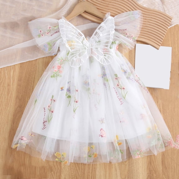 CPNG Girls' Sheer Tulle Butterfly Accent Dress – Floral Embroidery, Flutter Sleeve & Fairy-Tale Skirt for Flower Girl, Birthday Parties & Garden Events