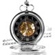 thumbnail image 2 of Reloj de bolsillo mecánico de cuerda manual de acero con esqueleto hueco y doble pantalla horaria, color plateado, 2 of 5