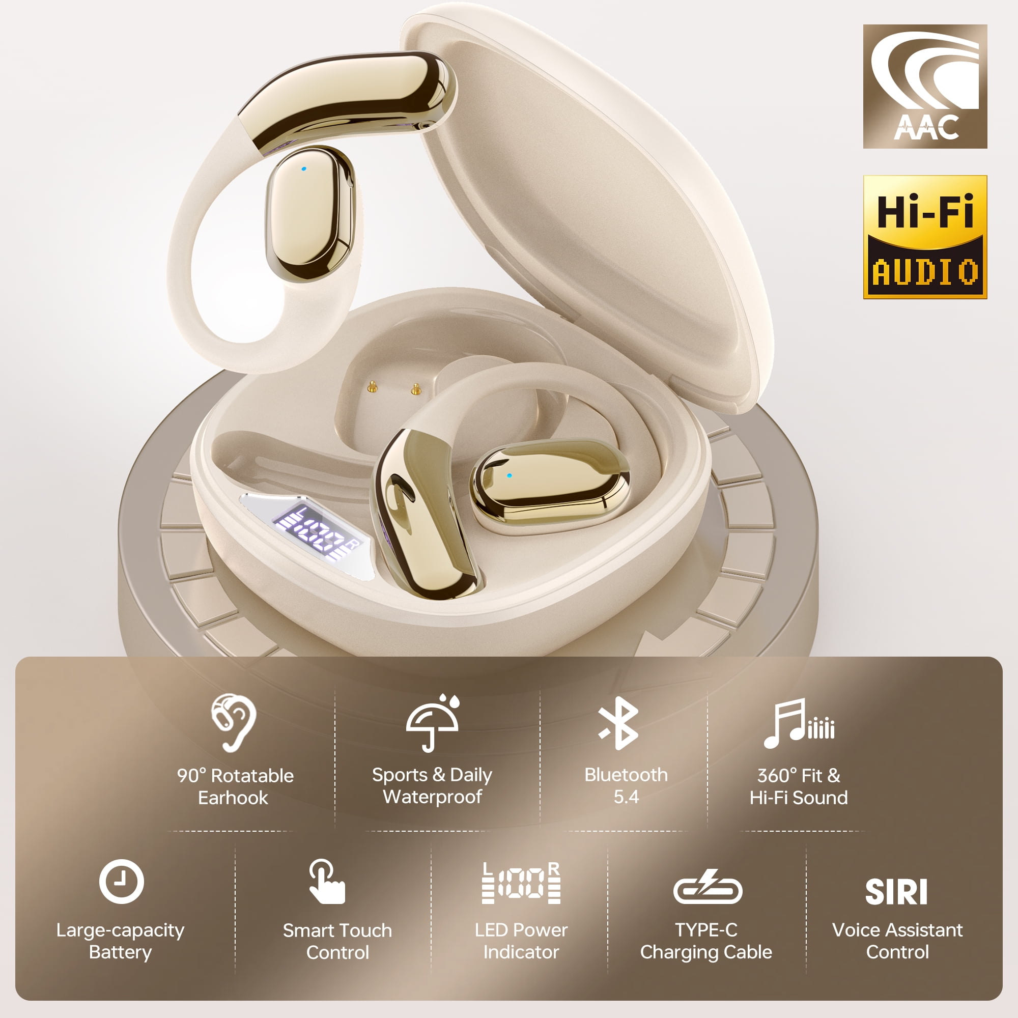 Open Ear Wireless Earbuds, Bluetooth 5.4 Wireless Earbuds, Hi-Fi Stereo over Ear Earphones with Earhooks, 60H Playtime & LED Digital Display, IPX7 Waterproof Earphones for Fitness, Cycling, Workout