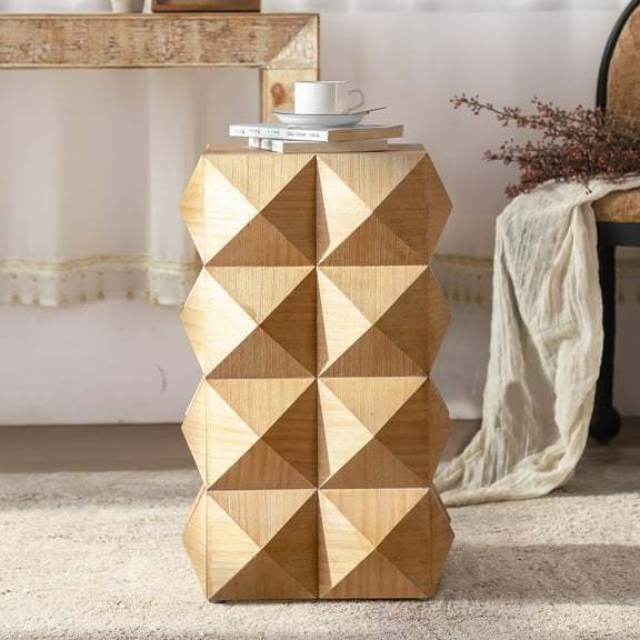 PORKISS End Table with Three-dimensional Embossed Pattern, Square Side Table, Coffee Table for Small Spaces Nightstand Living Room, without Assembly, Natural