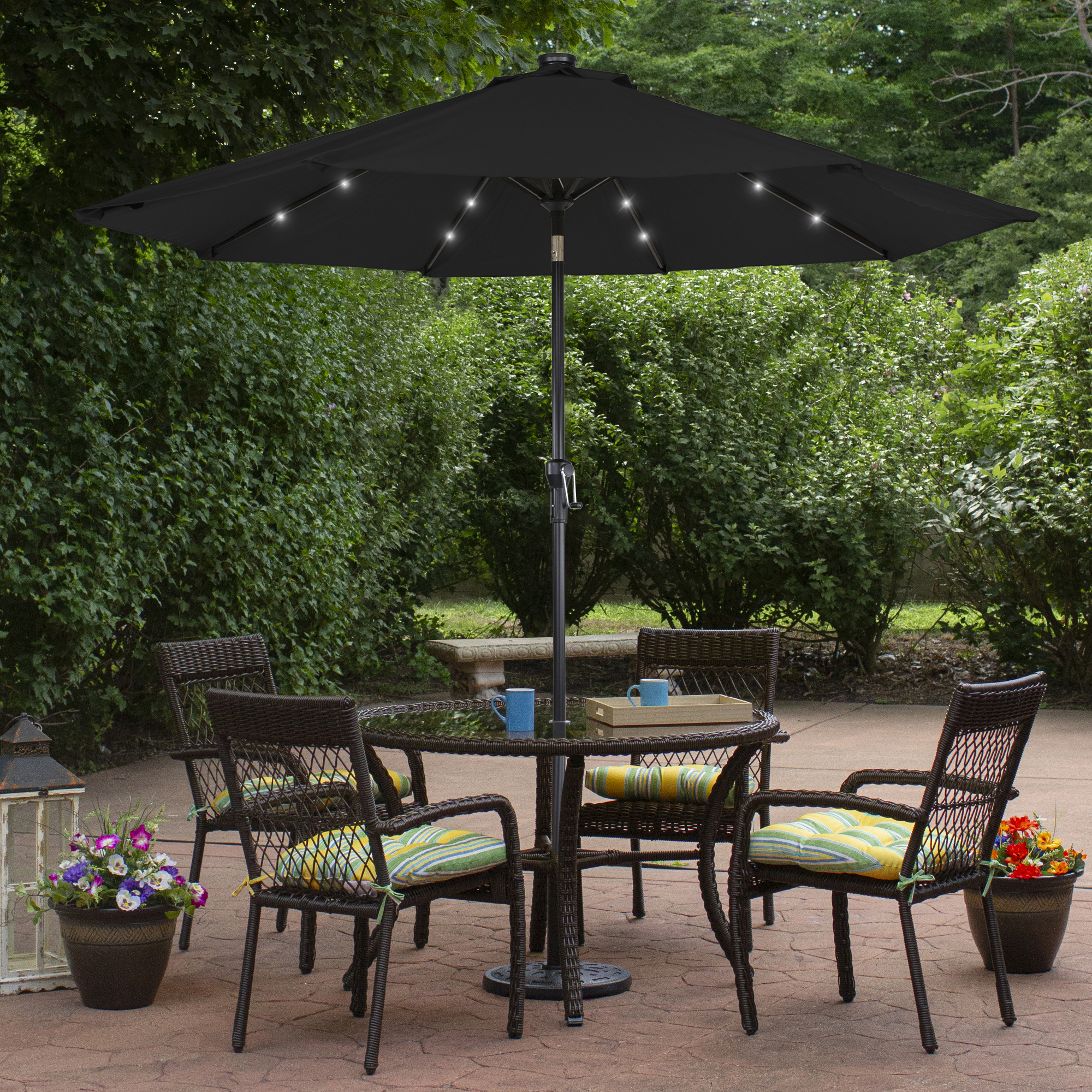 Northlight 9ft Solar Lighted Outdoor Patio Market Umbrella with Hand Crank and Tilt, Black