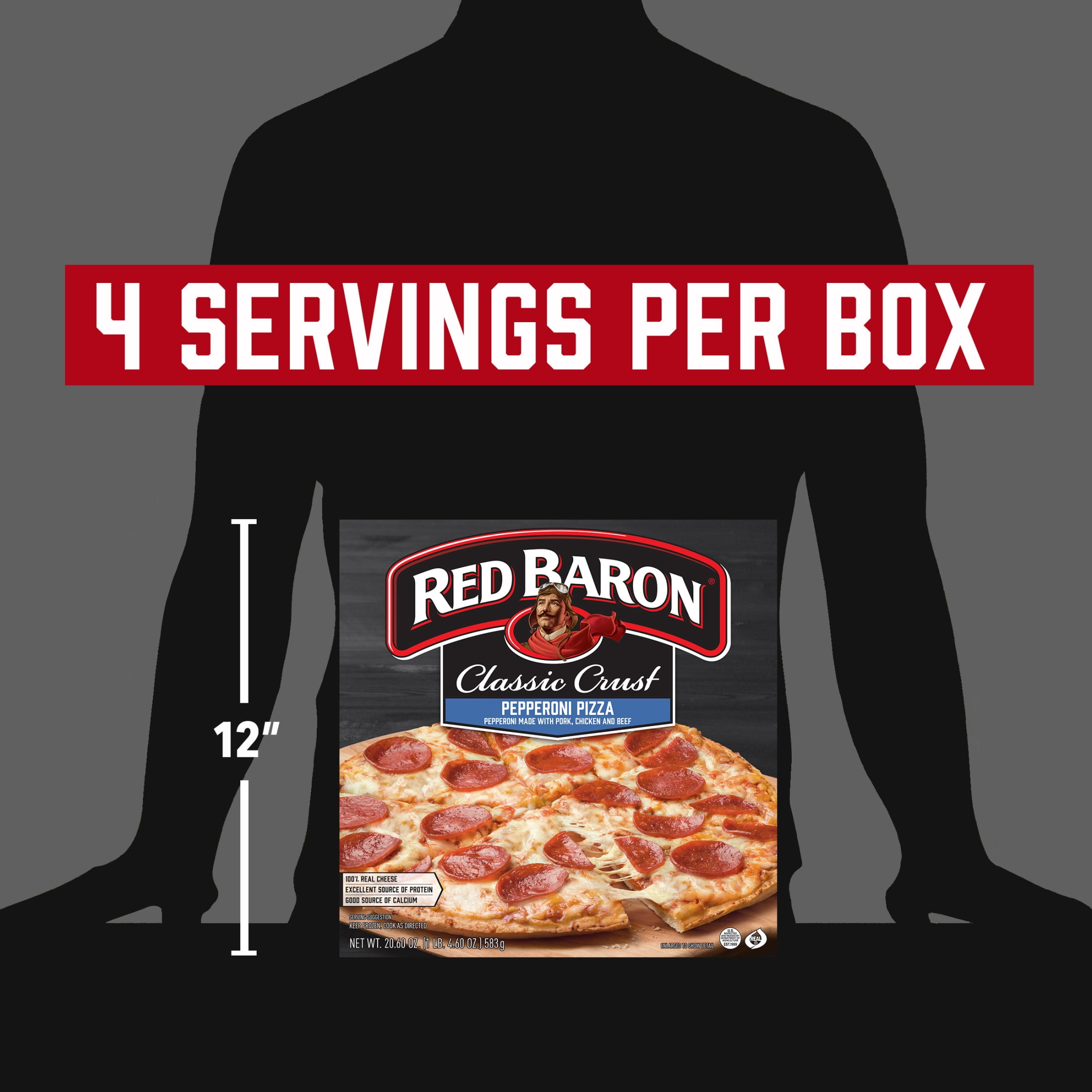 Red Baron Pepperoni Classic Crust Frozen Pizza, 20.61 oz, Mozzarella Cheese Pizza, Contains Milk, Wheat & Soy