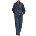 thumbnail image 2 of Tqyyweavej Two Piece Sets for Women Henley Button Long Sleeve Tops and Straight Leg Pants with Pockets Linen Sets for Women 2 Piece, 2 of 10