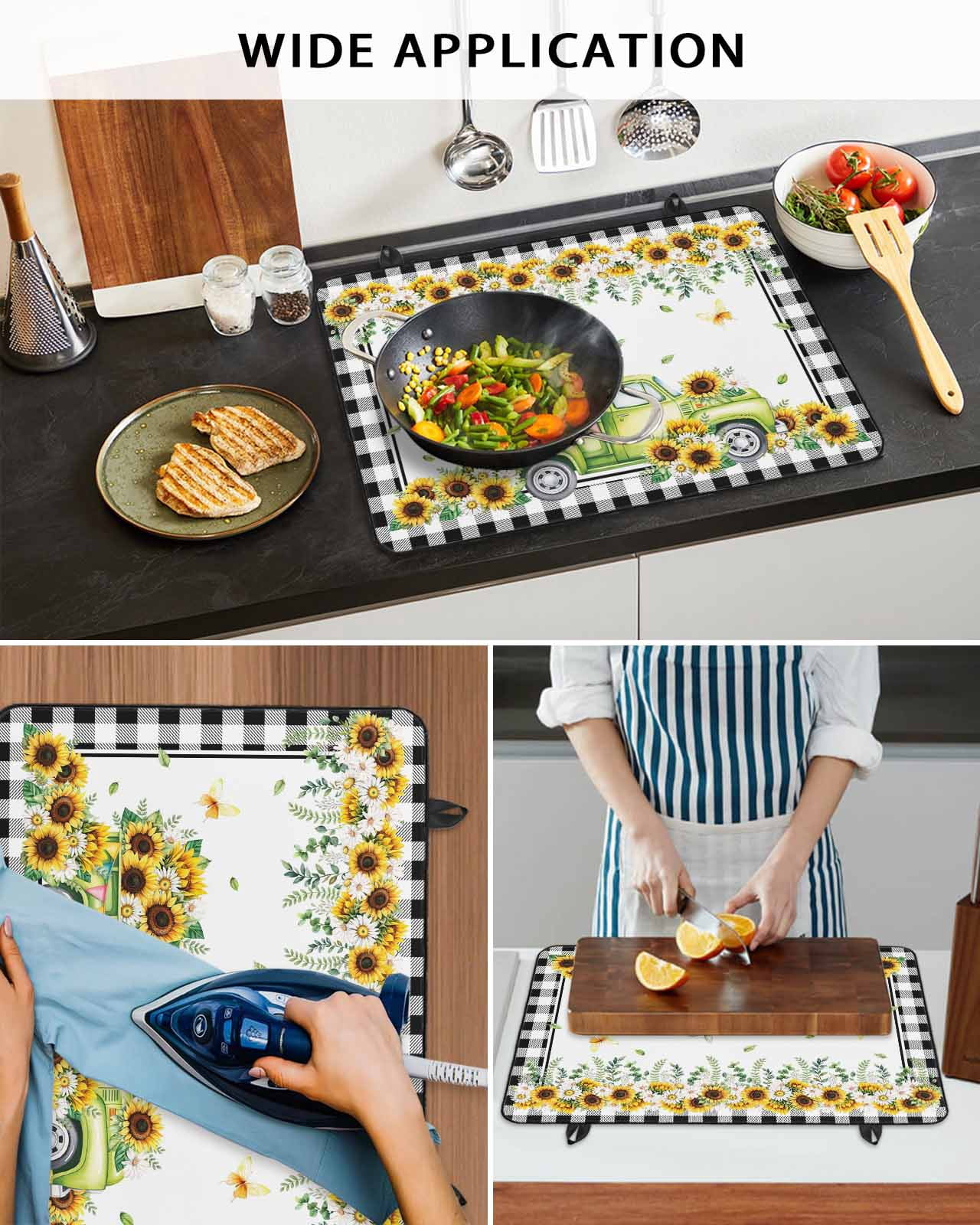 Large Induction Cooktop Protector Mat Sunflowers Stove Top Covers for Electric Stove, Spring Farmhouse Country Truck Floral Black Plaid Decorative Stove Burner Cover Mats, Glass Top Stove Cover