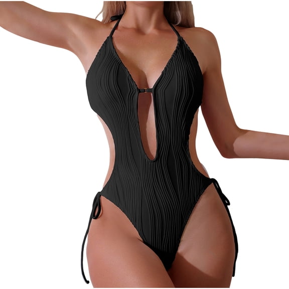 Bathing Suit for Women Trendy Plunge Side Ties Backless One Piece Swimsuit Halter Cut-Out Pleated Swimwear (XL, Black)