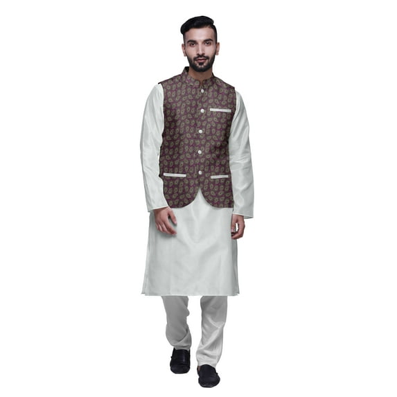 Atasi Kurta Solid Churidar Pajama & Printed Nehru Jacket Set For Mens Party Wear