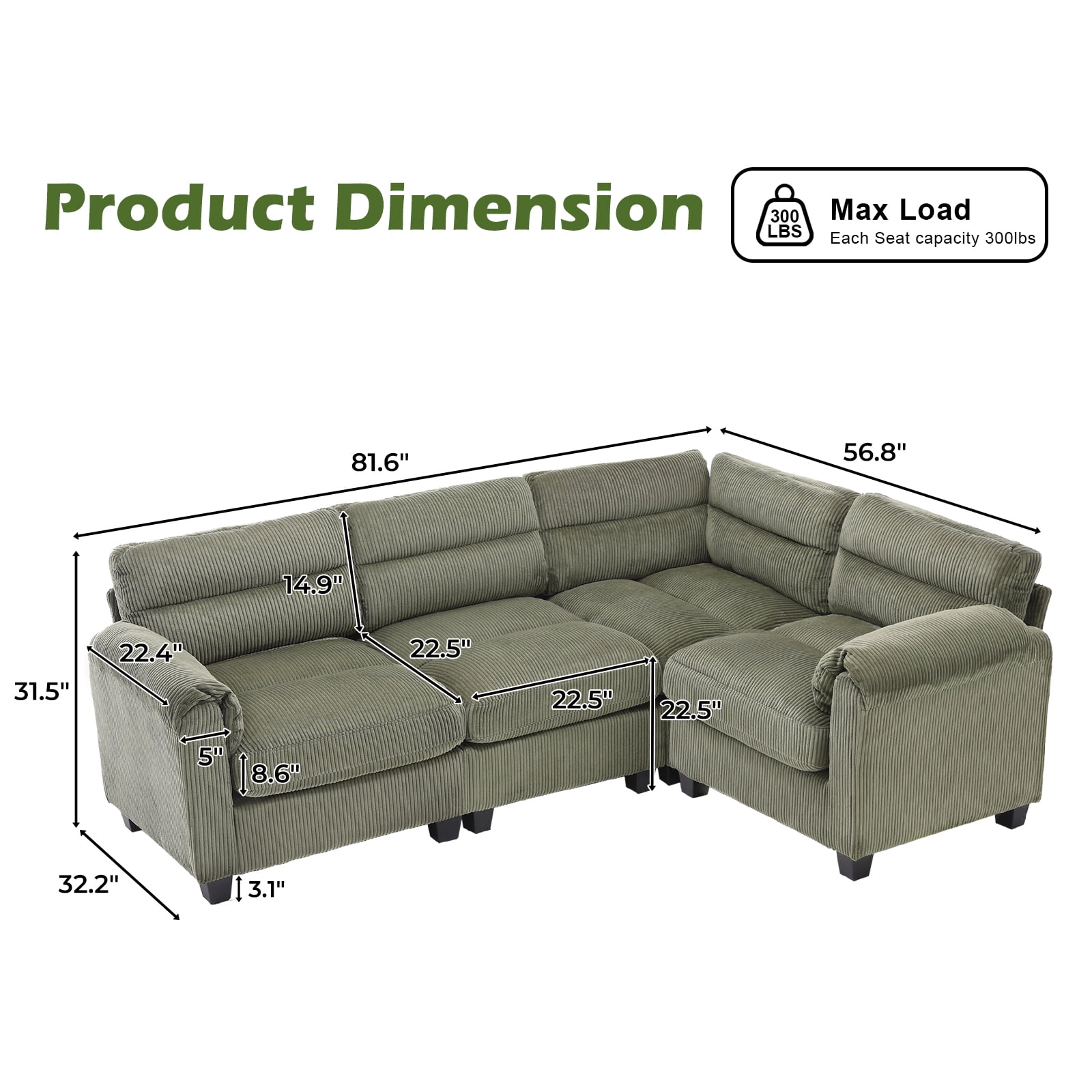 Bonzy Home Modular Sectional Sofa, L‑Shaped Couch, Ultra‑Comfort Seating – Configurable for Living Room & Family Room; Green