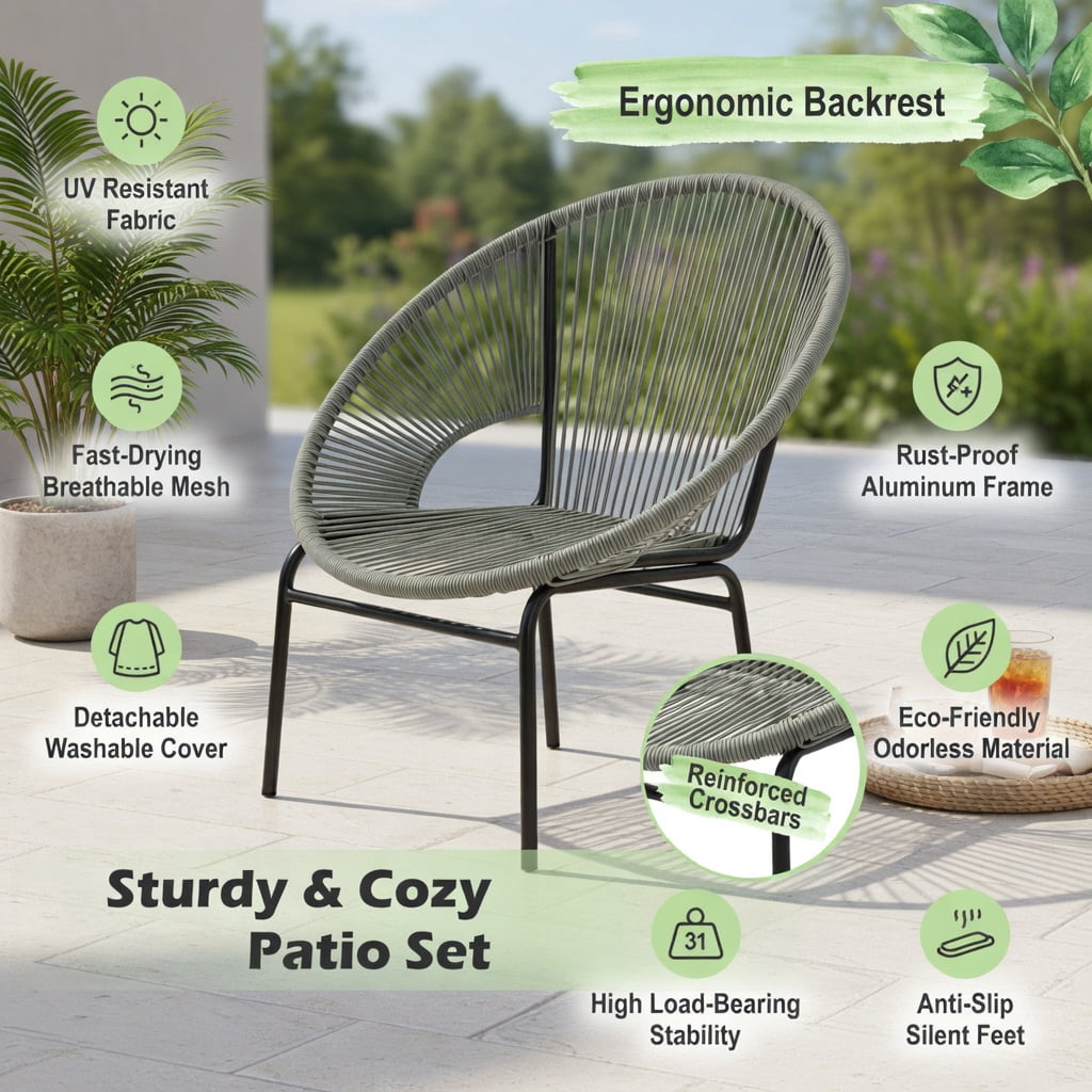 Hommoo 3-Piece Outdoor Acapulco Bistro Set, PE Rope Chairs + Tempered Glass Table for Patio, Yard & Poolside, Gray