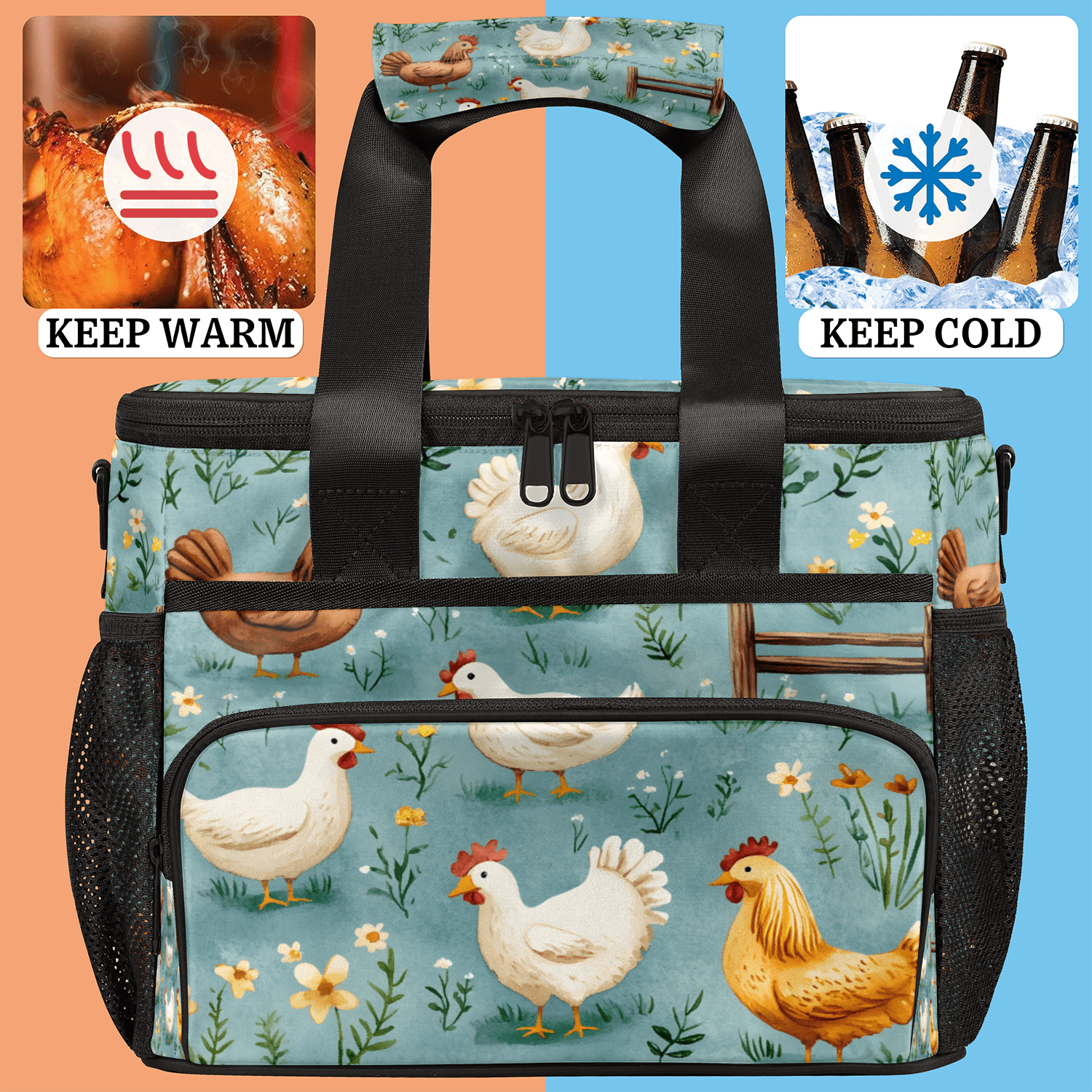 Herdesigns Chicken Large Insulated Lunch Box for Adults Women Men with Adjustable Shoulder Strap, Animal Reusable Cooler Lunch Bag for Offices Picnic Hiking Beach
