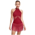 thumbnail image 1 of iiniim Women Rhinestone Fringe Leotard Figure Skating Performance Costume Halter Backless Bodysuit Burgundy L, 1 of 7