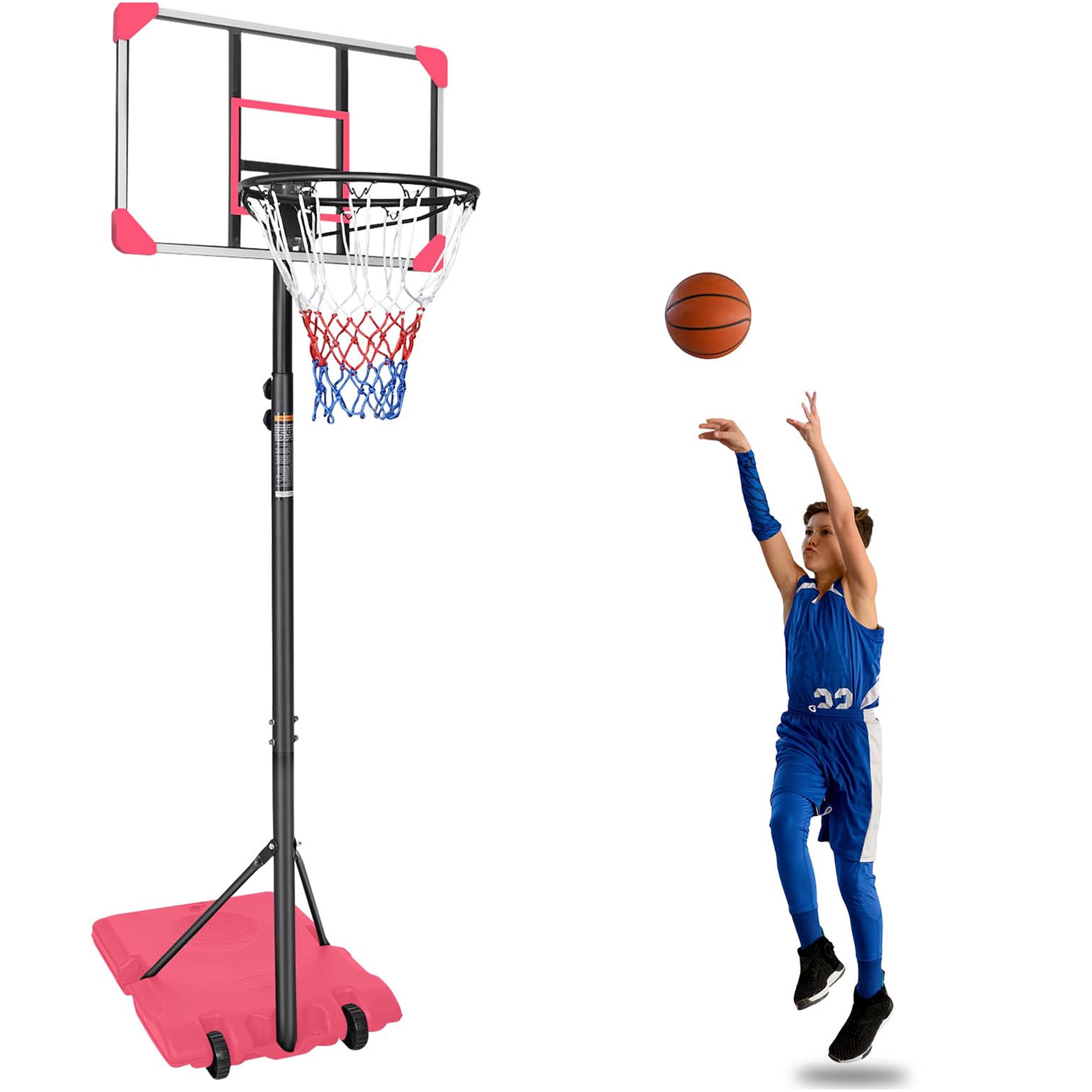 JERFIT Portable Basketball Hoop for Kids & Teens, Adjustable Height 5.6ft-7ft, Pink Iron Hoop with Wheels & Stable Base, 28" Backboard for Indoor Outdoor Use