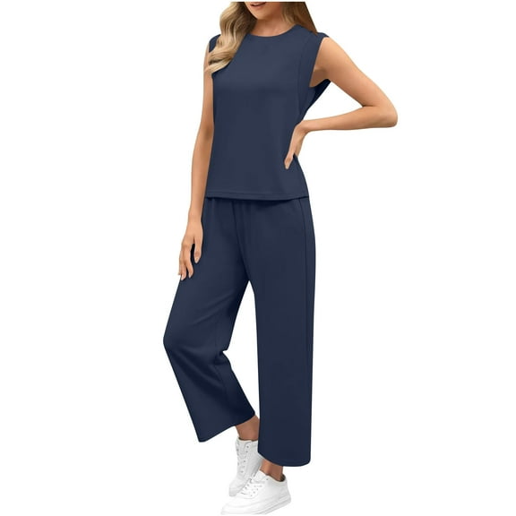 LIaqionyy Two Piece Sets for Women Oversized Lounge Set Crew Neck Short Sleeve Tops Wide Leg Pants Outfits