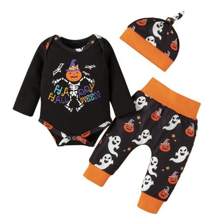

Maxcozy Newborn Baby Girls Boys Happy Halloween Romper Bodysuit Ghost Pant Hair Band Halloween Outfits 3Pcs