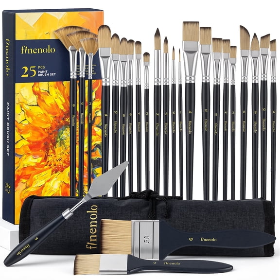 Finenolo 25 PCS Paint Brush Set, Professional Acrylic Paint Brushes with Cloth Roll, Portable Paintbrushes for Oil, Watercolor, Gouache, Art Supplies for Artists and Beginners