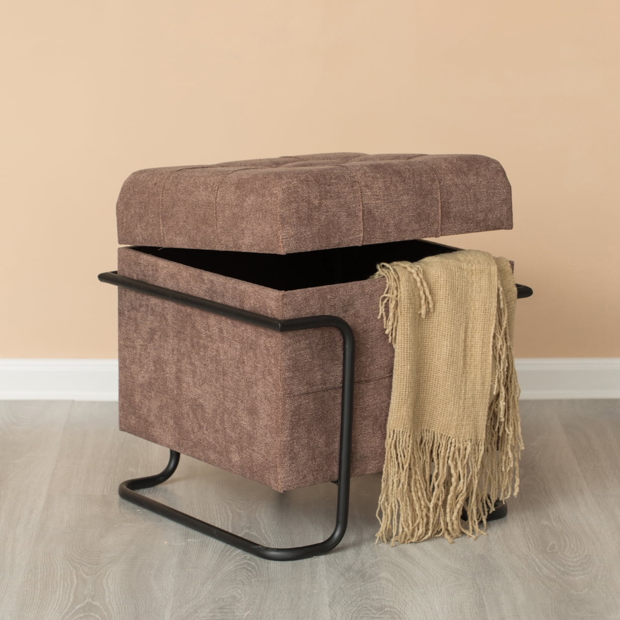 Square Fabric Storage Ottoman with Black Metal Frame