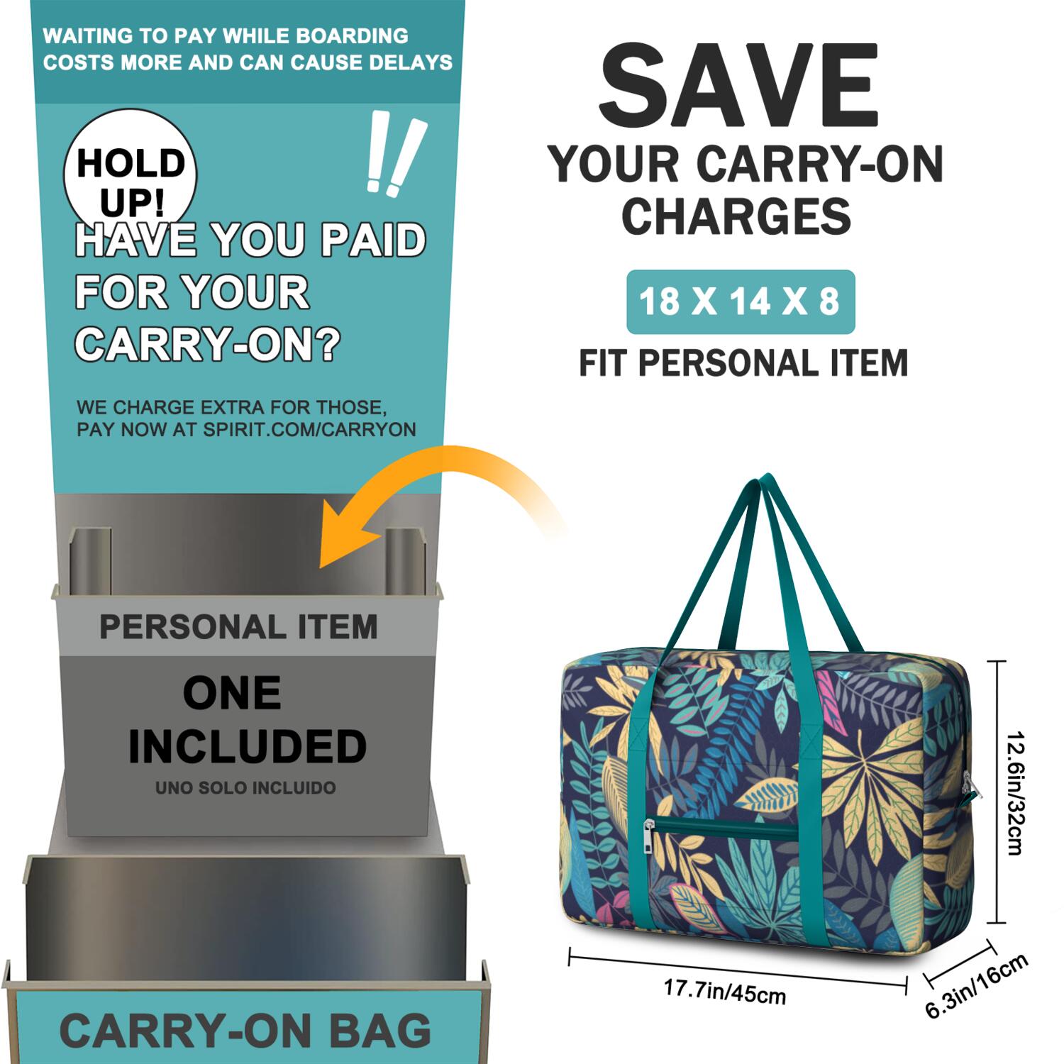 For Spirit Airlines Personal Item Bag 18x14x8 Inch, Floral Weekender Travel Bag, Foldable Travel Duffel Bag Underseat Carry on Bag with Luggage Sleeve for Women and Men 30L