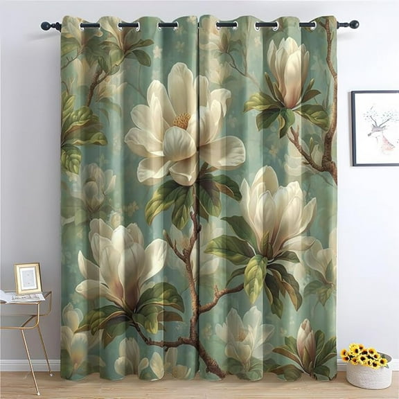 Magnolia Flower Blackout Curtains For Bedroom Decor, White Flower Plant Curtains Grommet Curtains, Floral Botanical Drapes Thermal Insulated For Living Room 42"W x 108"L (Pack of 2)