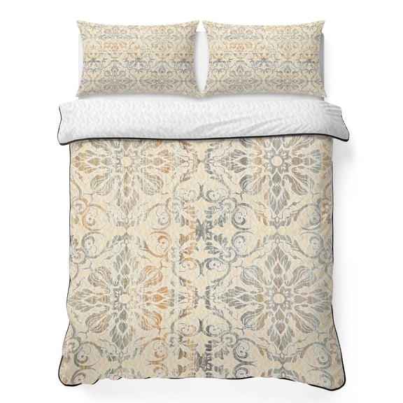 King Quilt Set 96''x106'', Bohemian Floral Lightweight Summer Bedspread Coverlet Set with 2 Pillow Shams, Vintage Gradient European Line Breathable All Season Quilt Bedding for Bedroom/Guest Room