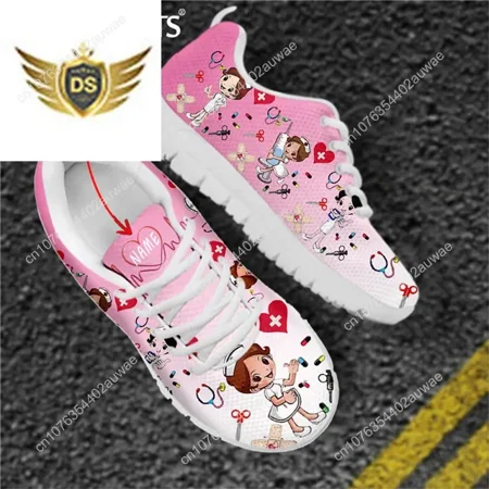 

Pink Nursing Shoes Ladies Flats Sneakers Cute Cartoon Nurse/Doctor Brand Design AF Mesh Lightweight Female Footwear