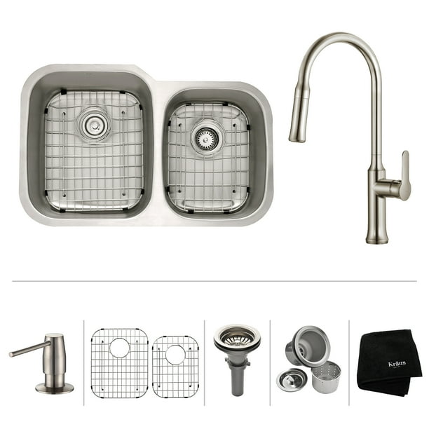 KRAUS 32 Inch Undermount Double Bowl Stainless Steel Kitchen Sink with