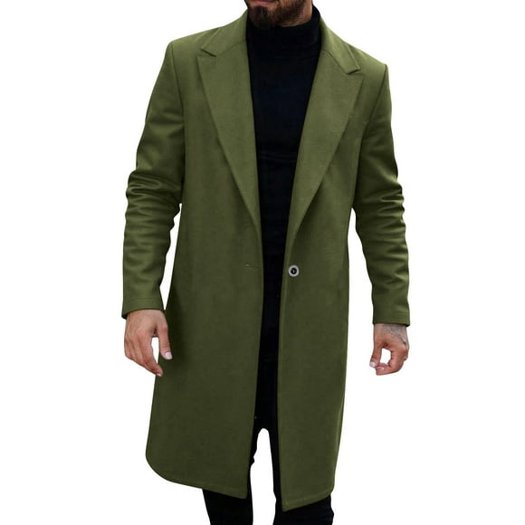 LNWUY Mens Trench Coat Long Casual Single Brested Overcoat Solid Color Winter Notched Collar Woolen Blend Pea Coat With Pockets Green XL