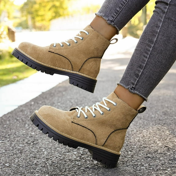 Willtoo Women's Fashion Ankle Boots Low Heels Chunky Lace-up Combat Boot Platform Lug Sole Non Slip Short Boots for Women Casual Round Toe Side Zipper Fall Winter Hiking Walking Booties Khaki
