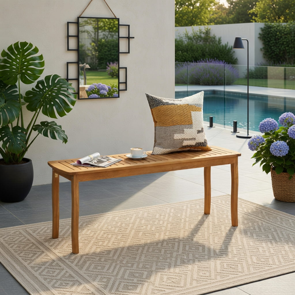 Hommoo Acacia Wood Outdoor Dining Bench, 48" Patio Bench for Garden, Deck & Entryway, Sturdy Slatted Design, Natural