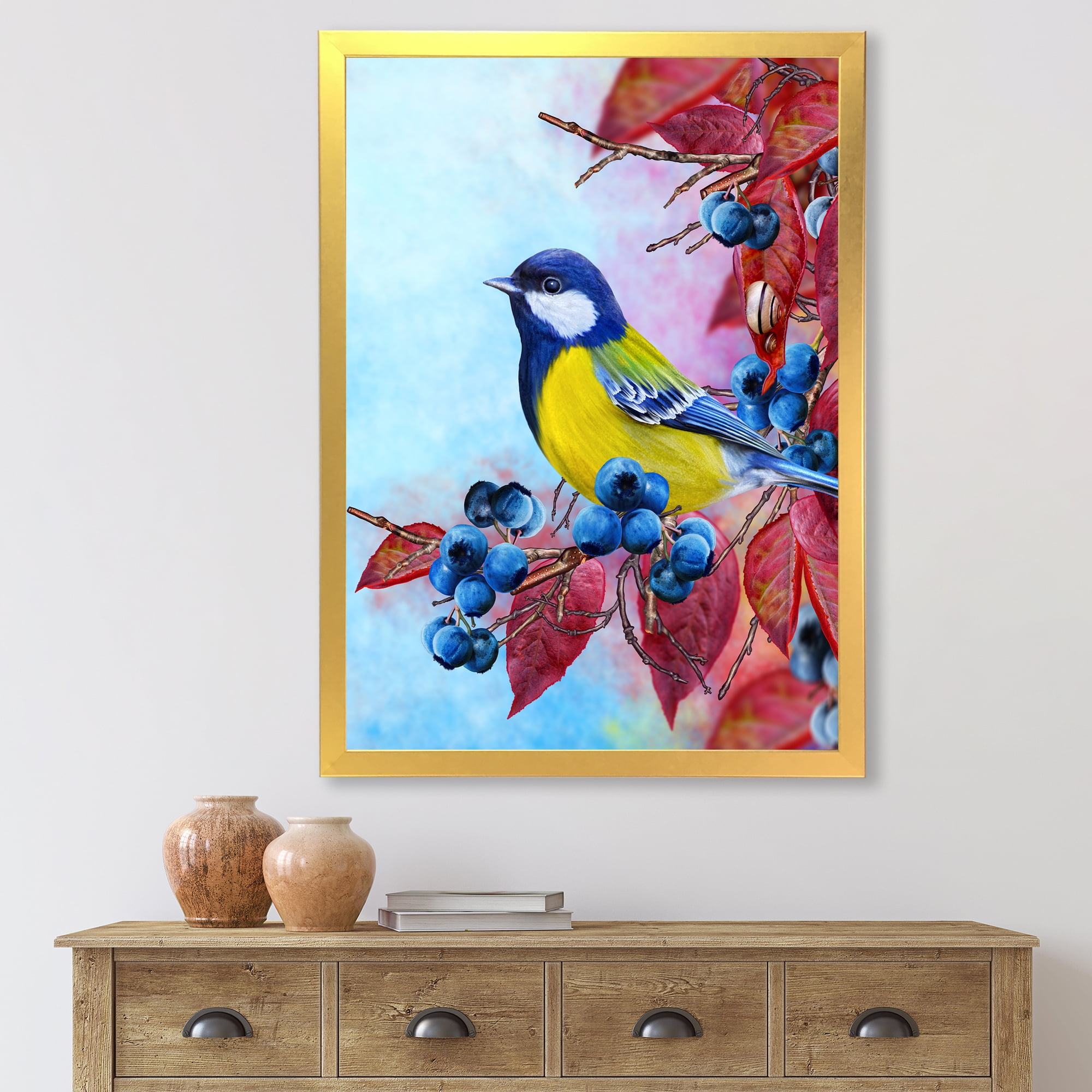 Designart 'Bright Bird Bullfinch Sitting On A Branch of Berries II' Traditional Framed Art Print