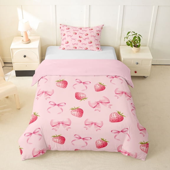 spefrowx Watercolor Strawberry Bow Print Twin Duvet Cover for Teens, Blush Pink Fruit Twin Bedding, Pink Reversible, 2-Piece, 1 Duvet Cover and 1 Pillowcase