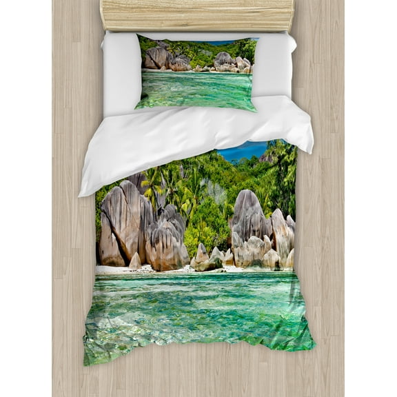 Tropical Duvet Cover Set, Landscape of Island with Trees in Seychelles and the Sky Digital Print, Decorative 2 Piece Bedding Set with 1 Pillow Shams, Twin Size, Blue and Fern Green, by Ambesonne