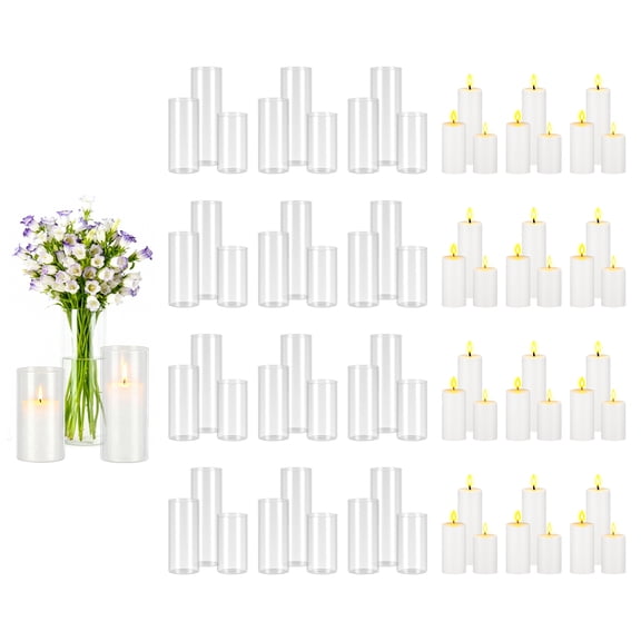KFFKFF Set of 72 Pillar Candles and Glass Vases, Clear Cylinder Hurricane Candle Holders for Event Centerpieces, Decorative Tall Vases for Table Arrangements, White (2.56" x 4.7", 5.9", 7.9")