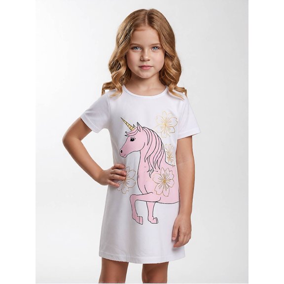 Girls Smooth Relaxed Short Sleeve Summer Dress Regular-Fit Round Neck Casual Dress for Girls Age 5-13