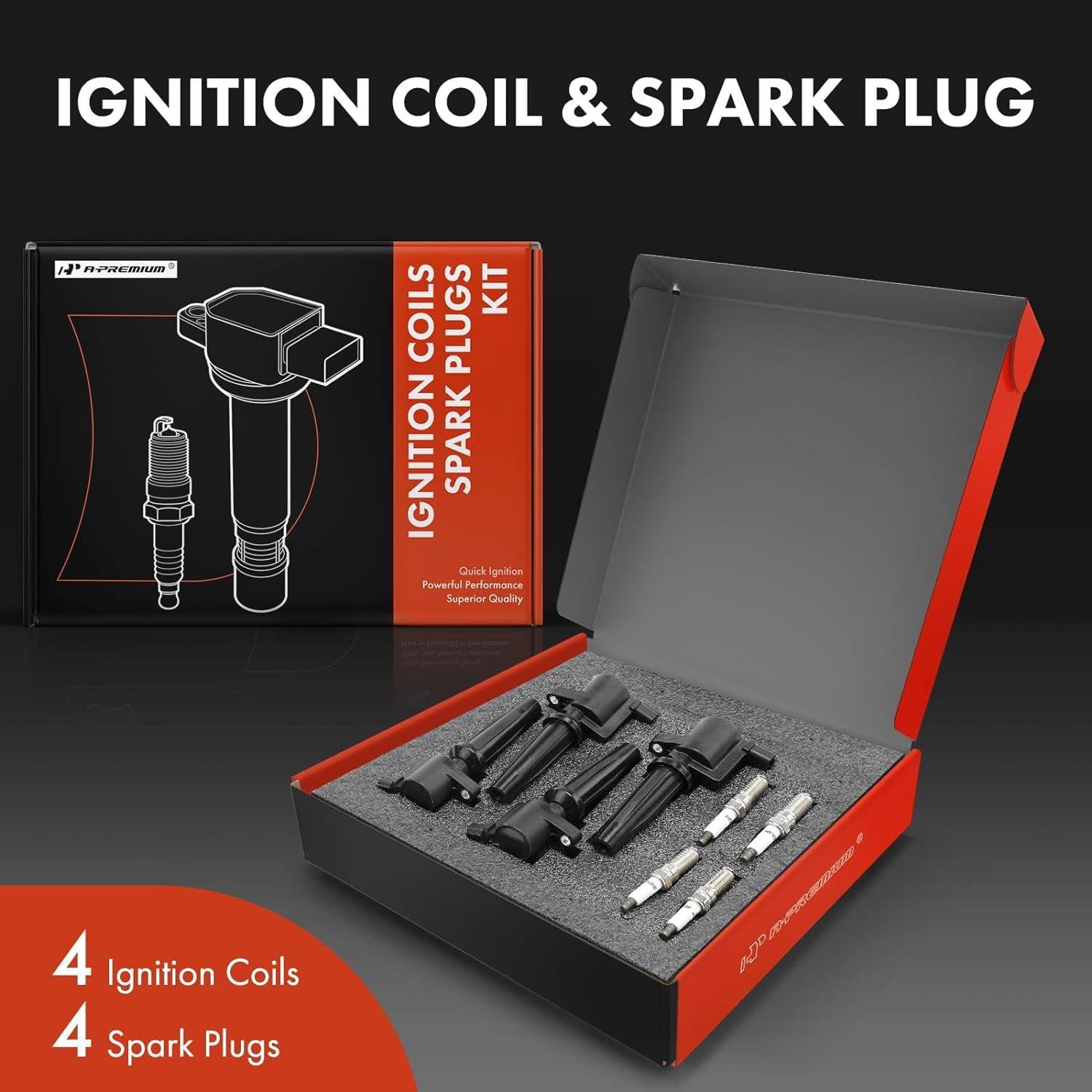 A-Premium Set of 4 Ignition Coil Pack and Iridium Spark Plugs Compatible with Ford Escape, Fusion, C-Max, Police Responder Hybrid, Lincoln MKZ