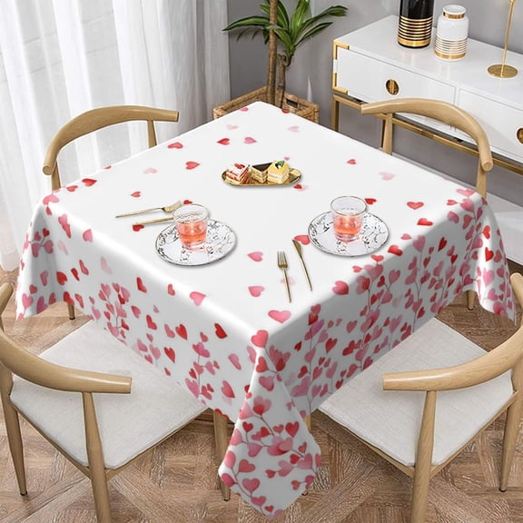 Valentines Tablecloth Square 60x60 Inch,Red Pink Love Heart Table Cloth,Stain Resistance Polyester Anniversary Day Holiday Table Covers for Kitchen Dining Parties Picnic