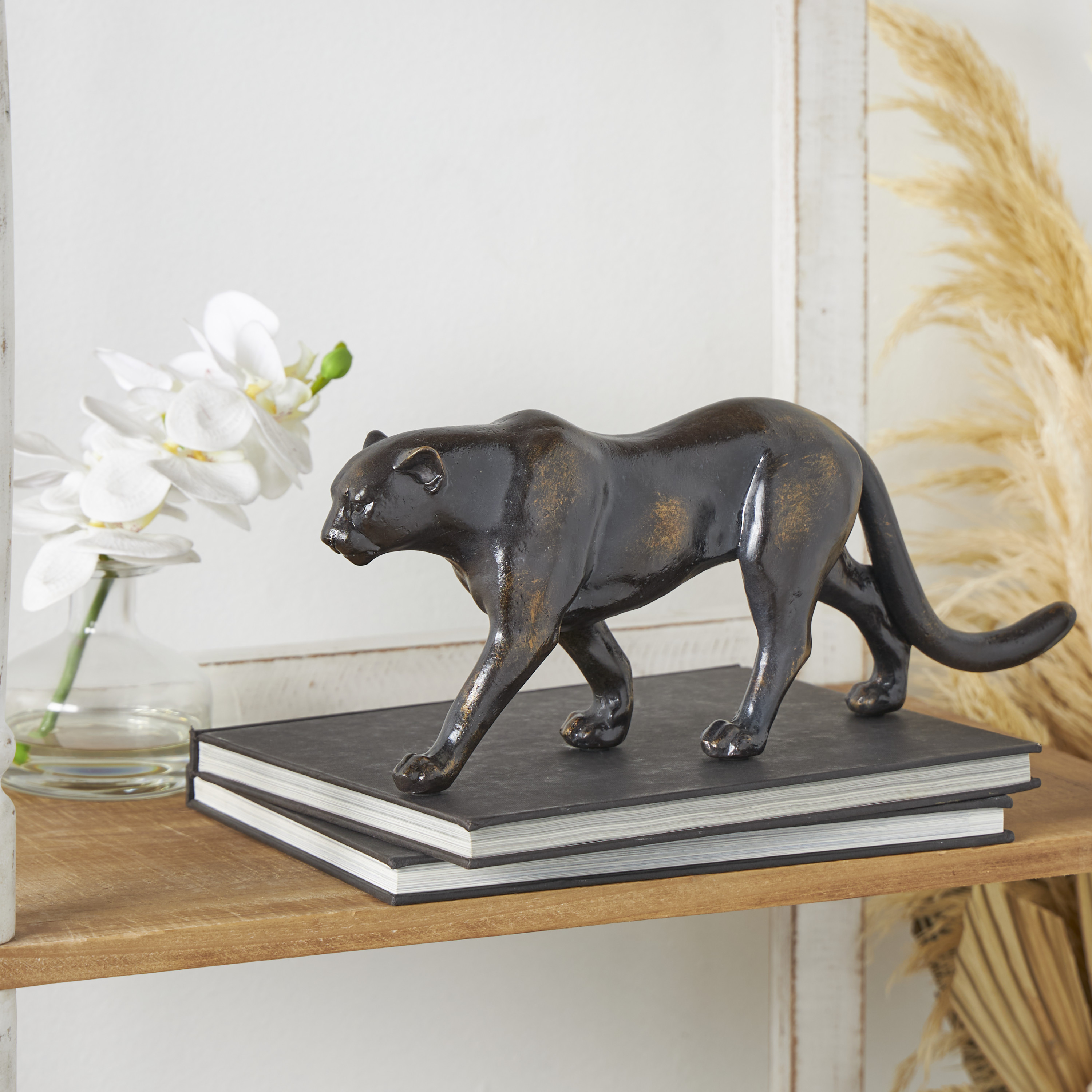 15" x 6" Black Polystone Leopard Sculpture with Gold Accents, by DecMode