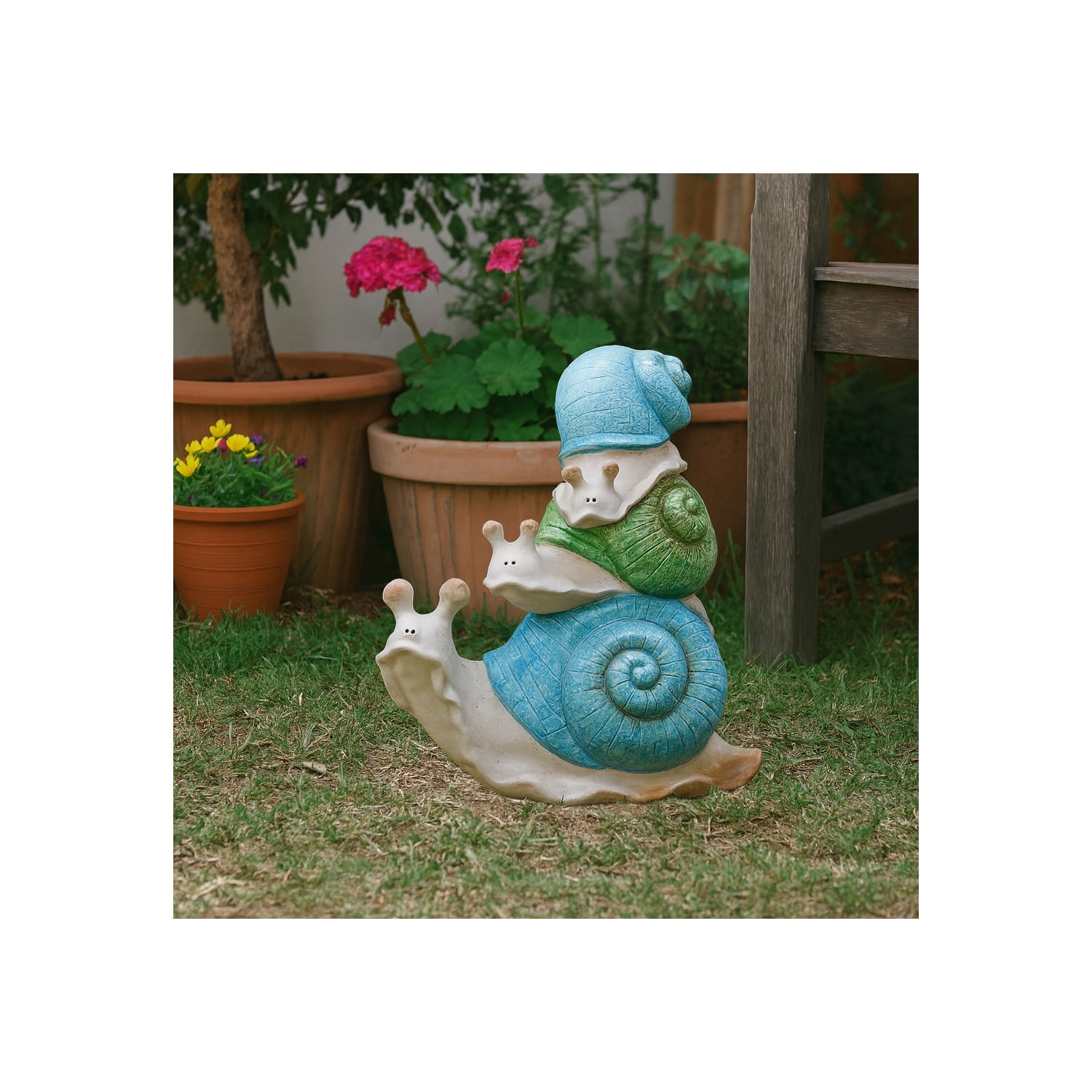 Whimsical Garden Decor Stacked Snail Sculpture - Front Porch Accent and Outdoor Decor for Backyard or Patio Setting - Yard Statue Art for Flower Bed, Planters, or Walkway Display - 15", Ivory & Blue