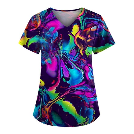 

HHei_K Plus Size Cute Printed Scrub Working Uniform Tops For Women V-Neck Short Sleeve Fun T-Shirts Workwear Tee With Pockets plus size tops for women