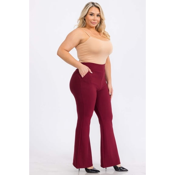 Plus Size Tummy Control Butt Sculpting Flare Pants with Pockets - Zinfandel