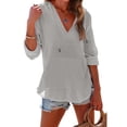 thumbnail image 2 of Women's V-Neck Hooded Beach Cover Up 2026 Lightweight Gauze Hoodie Shirts Loose Drawstring Pullover Tops with Pocket Light Gray 2XL, 2 of 7