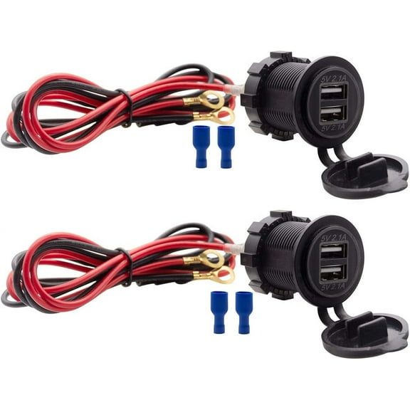 Dual USB Charger Socket Waterproof Power Outlet 12V/24V 2.1A & 2.1A for Car Boat Marine RV Mobile Blue LED