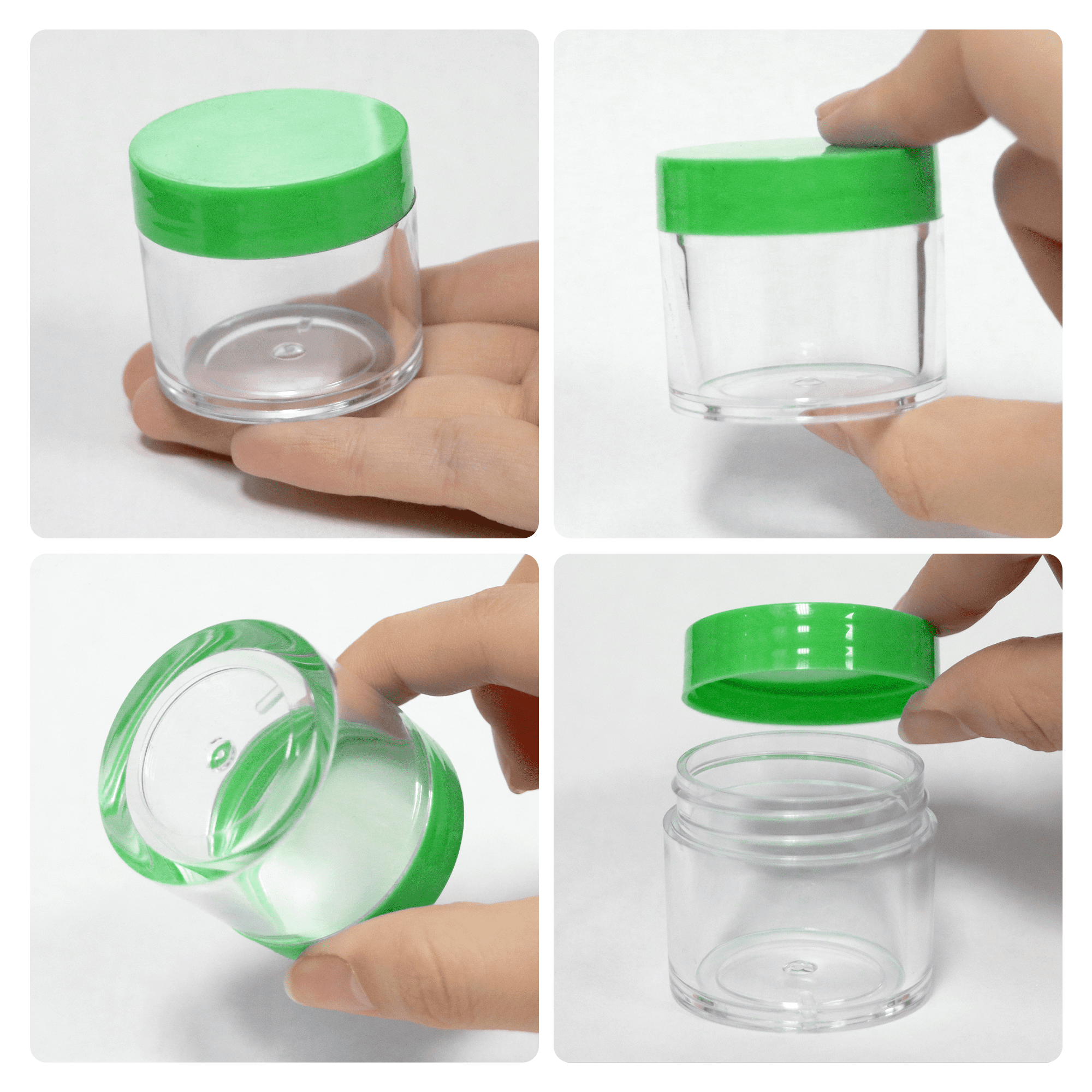 Beauticom 24 Pieces High Quality 30 Gram 30 ml (1 oz) Round Acrylic Makeup Product Sample Travel Jars with Flat Green Lids