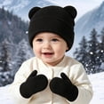 thumbnail image 2 of Lispipm Baby 2 Piece Bear Ear Beenie Hat and Mittens Stretchy Warm Winter Accessory Infant Toddler Kids Indoor Outdoor Knit Set Black 6-36 Months, 2 of 6