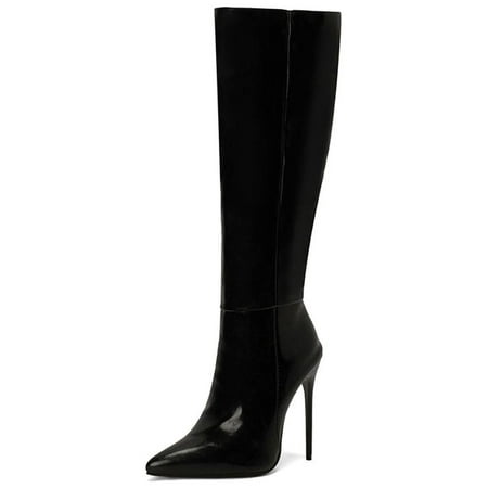 

Eloshman Ladies Non Slip Pointed Toe Knee High Boot Party Stiletto Heel Patent Leather Long Heels Black 9