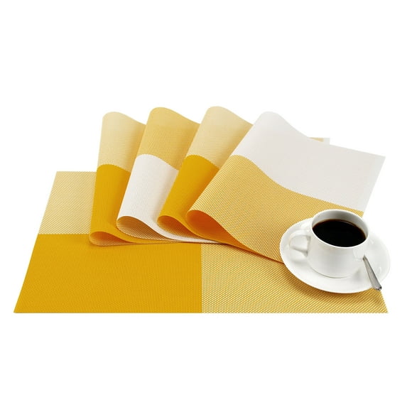GEFEII Deluxe PVC Woven Vinyl Non-slip Heat-Resistant Grid Yellow Placemats Kitchen Dining Party Environmental Table Mats Place Mats Pad Cushion (Yellow, 6)