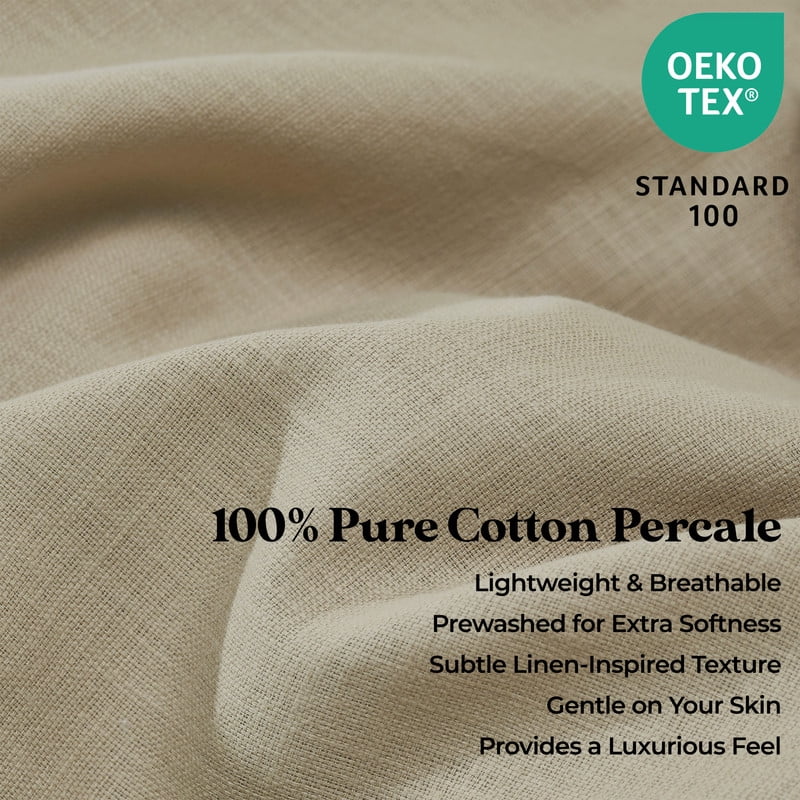 Superior Chloe 100% Cotton Percale Linen Texture Bed Sheet Set, Queen, Beige
