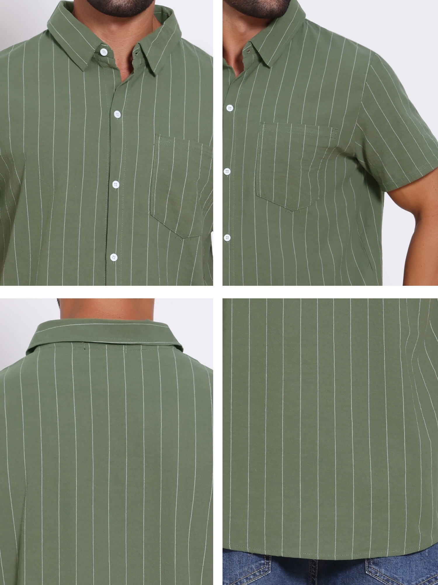 DARING DIVA Men's Point Collar Short Sleeve Button Down Stripes Shirts M Olive Green